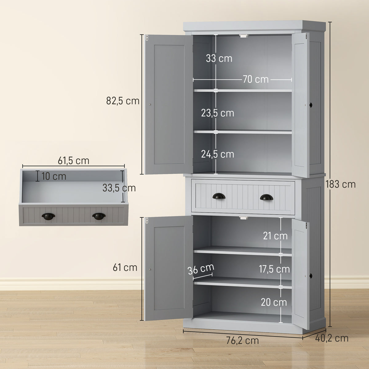 Armoire de cuisine buffet cuisine multi-rangements étagères réglables 4 portes grand tiroir 76,2 x 40,2 x 183 cm gris