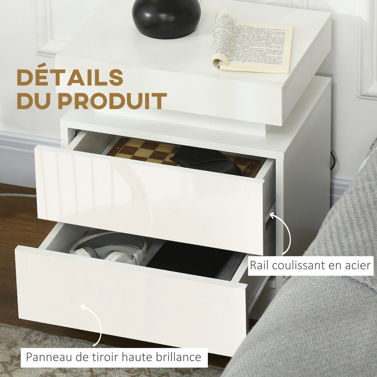 Table de chevet table de nuit lumière LED RVB panneau haute brillance avec 2 tiroirs pour salon chambre à coucher blanc