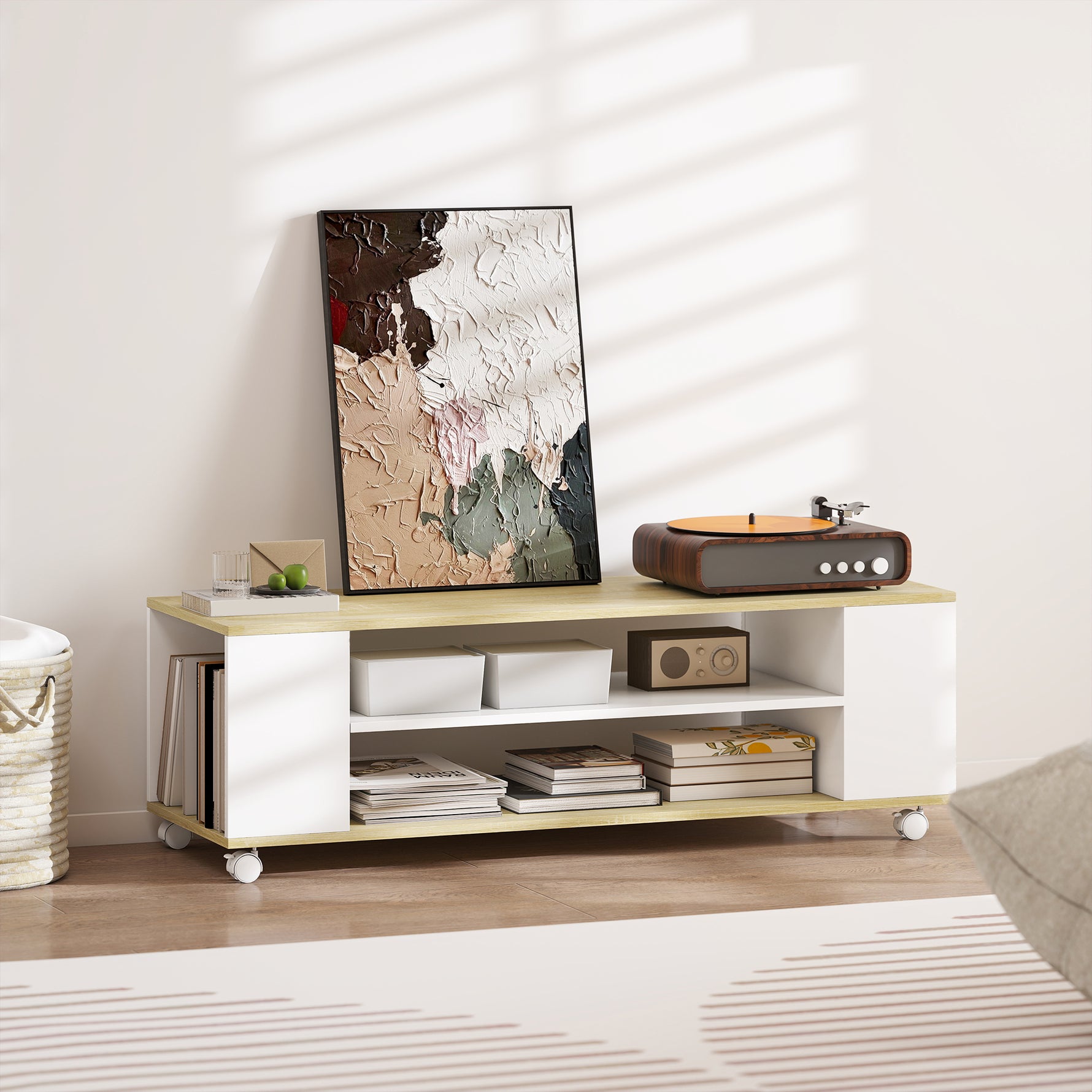 Meuble TV avec roulettes 120 cm, meuble télé pour téléviseur jusqu'à 55 pouces, 2 étagères ouvertes, blanc et naturel