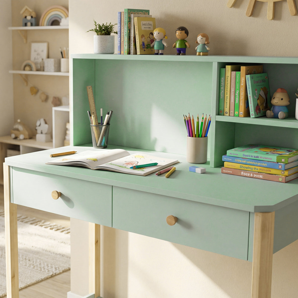 Bureau enfant en bois, bureau avec rangement, 2 tiroirs et 3 compartiments ouverts, plateau large, 90x52x105cm, vert