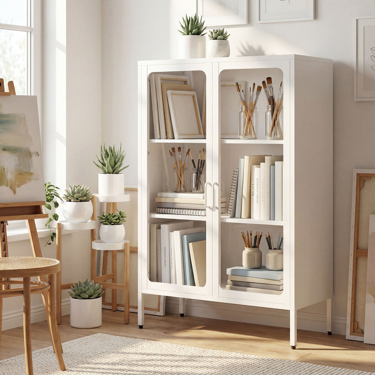Armoire de bureau avec 2 portes en verre, 2 étagères réglables, meuble de rangement bureau en acier, 80x40x110cm, blanc