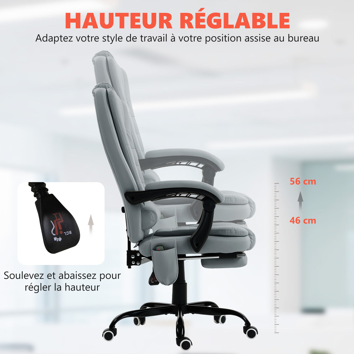 Fauteuil de bureau massant, chaise de bureau avec hauteur réglable, dossier inclinable et télécommande filaire, gris