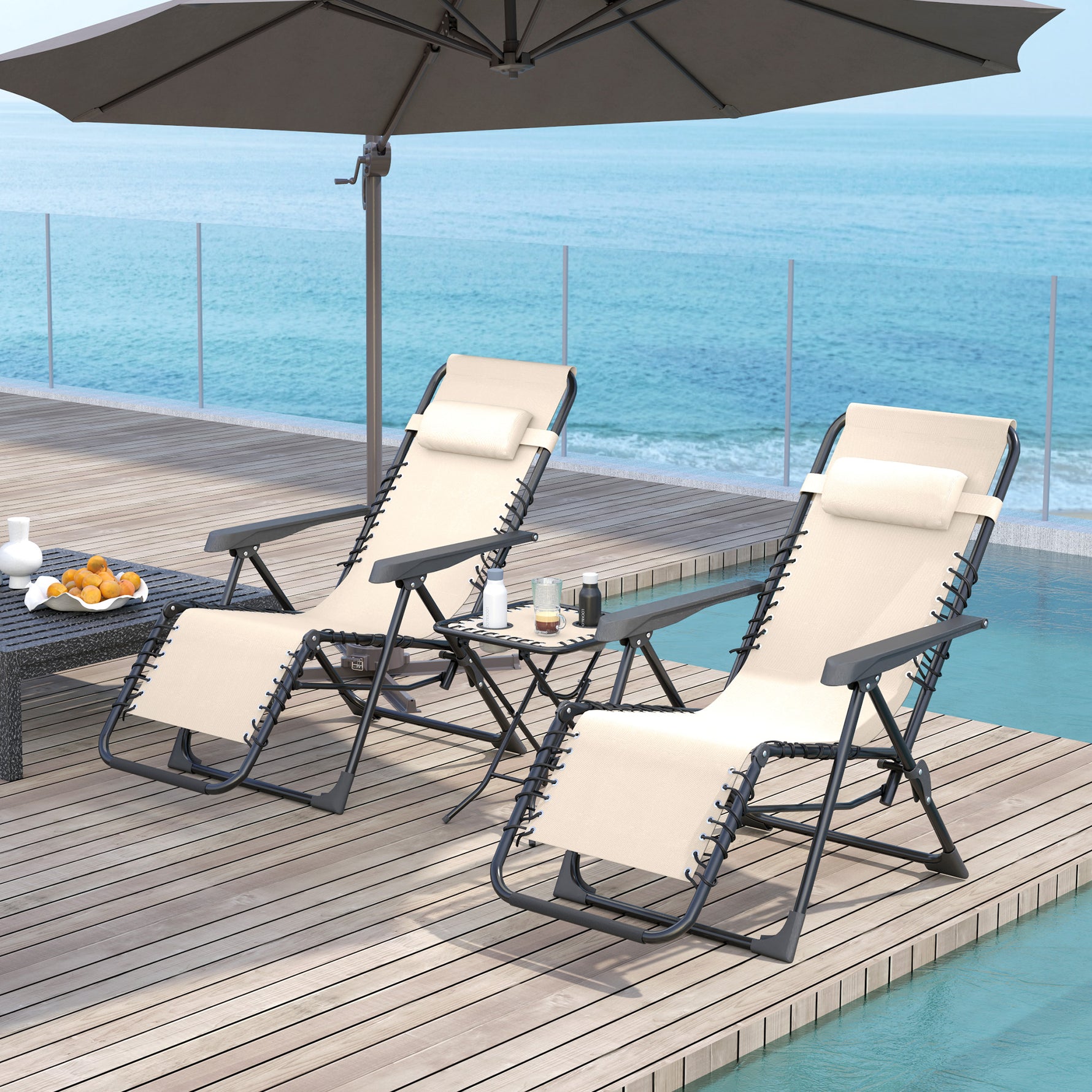Lot de 2 chaise longue pliable et inclinable avec table d'appoint, porte-gobelets et appuie-têtes, charge 120 kg, beige