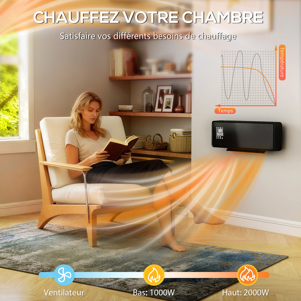Chauffage mural en céramique 1000/2000W, radiateur électrique, ventilateur, thermostat, minuterie, 54x18,7x12,3cm, noir