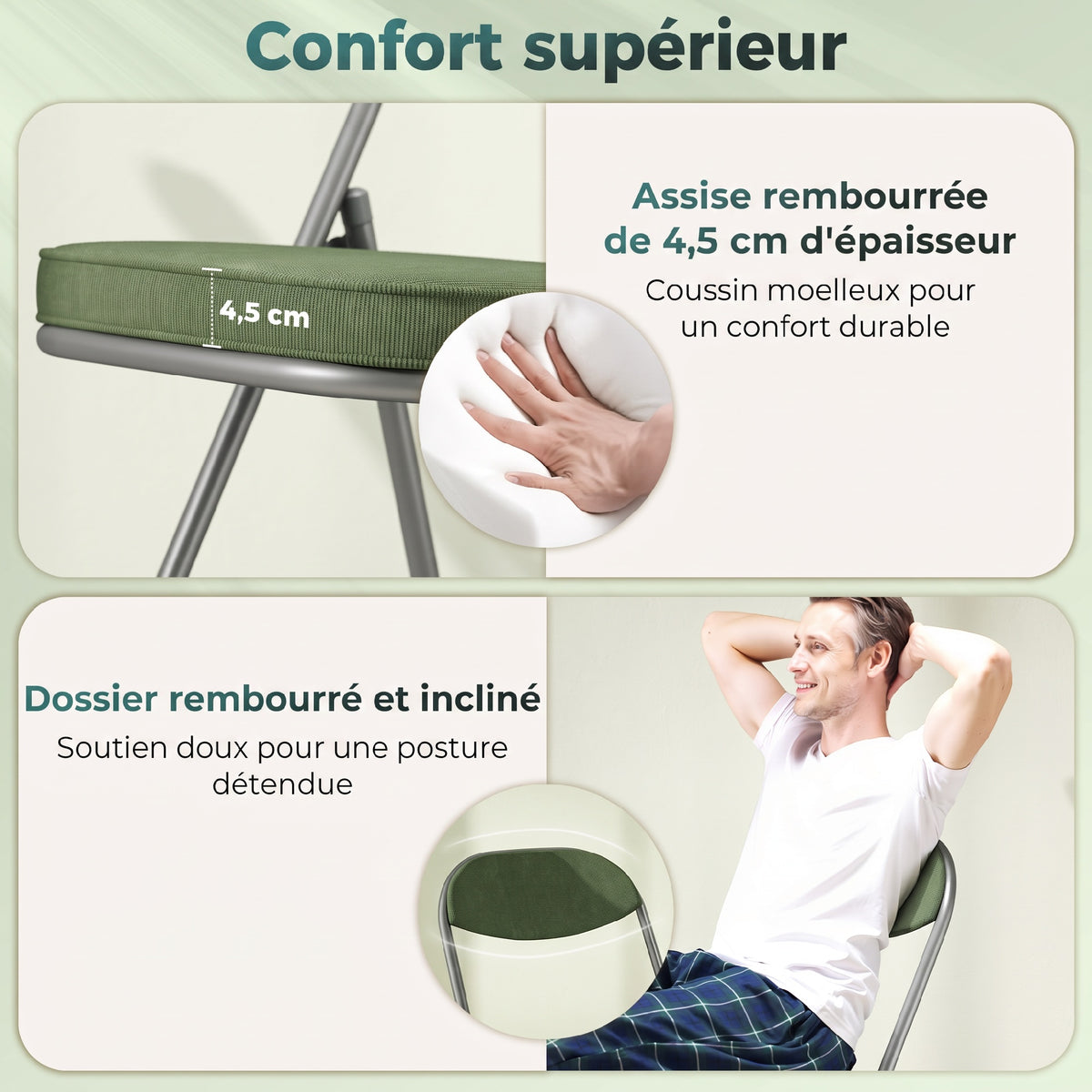 Lot de 2 chaises pliantes chaises de salle à manger portables avec assises et dossiers rembourrés en velours côtelé vert