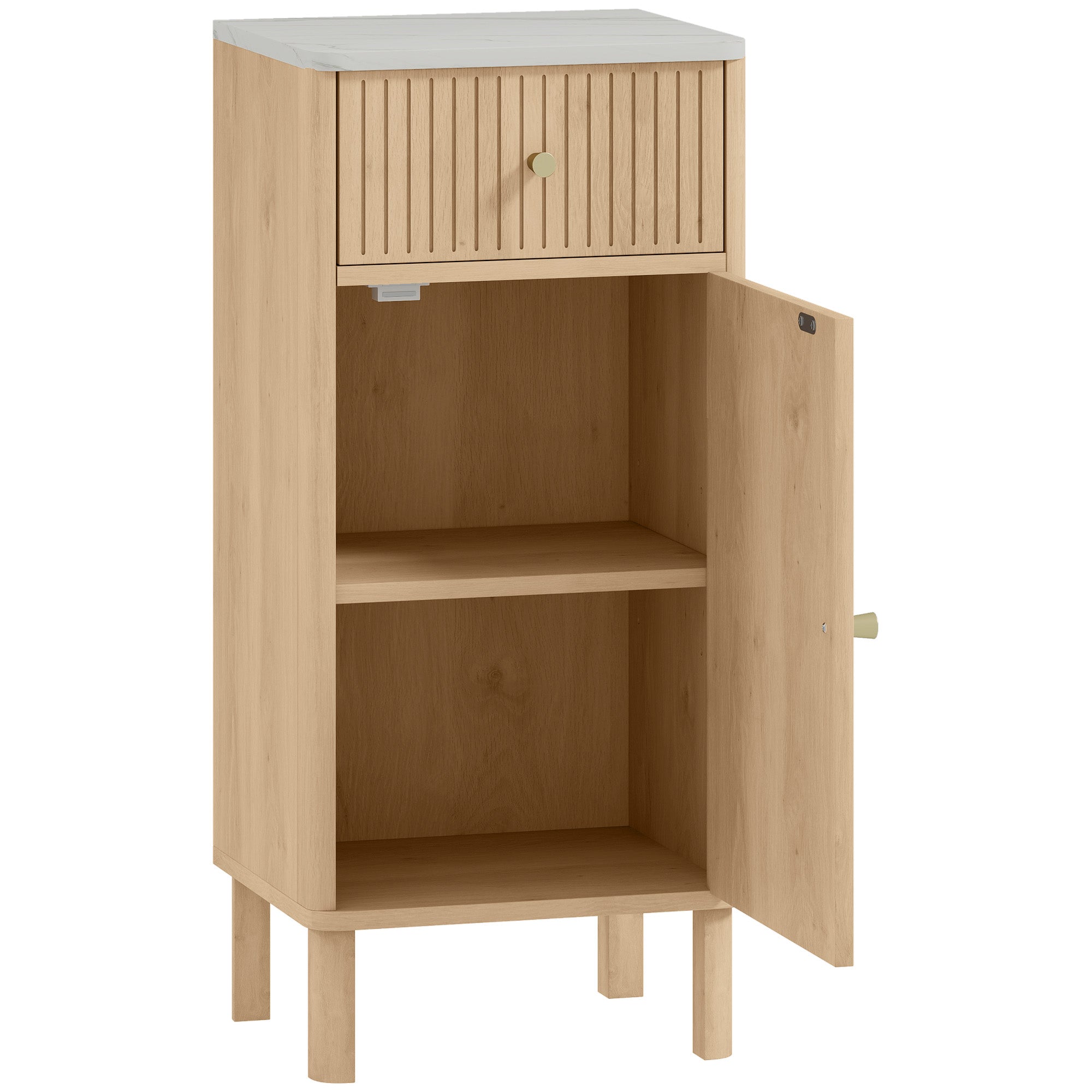 Meuble de salle de bain, meuble de rangement avec plateau effet marbre et porte rainurée, tiroir 36 x 30 x 80 cm, chêne