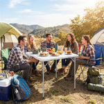 Mesa plegable de HDPE, mesa de camping plegable cuadrada 86 x 86 x 74 cm, con asa, altura ajustable, blanco