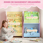 Meuble rangement enfant 3 à 8 ans, rangement jouets enfant modulaire avec porte-magazines à 4 étagères, rose