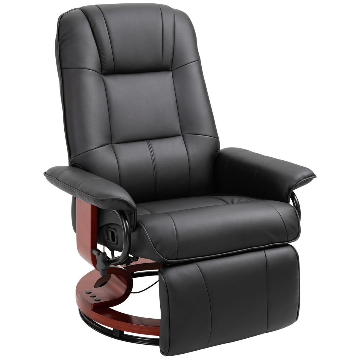 Fauteuil Relax Inclinable, Fauteuil de Salon, Repose-Pieds Réglable, Pivotant 360°, Piètement Bois, Revêtement Synthétique, Noir