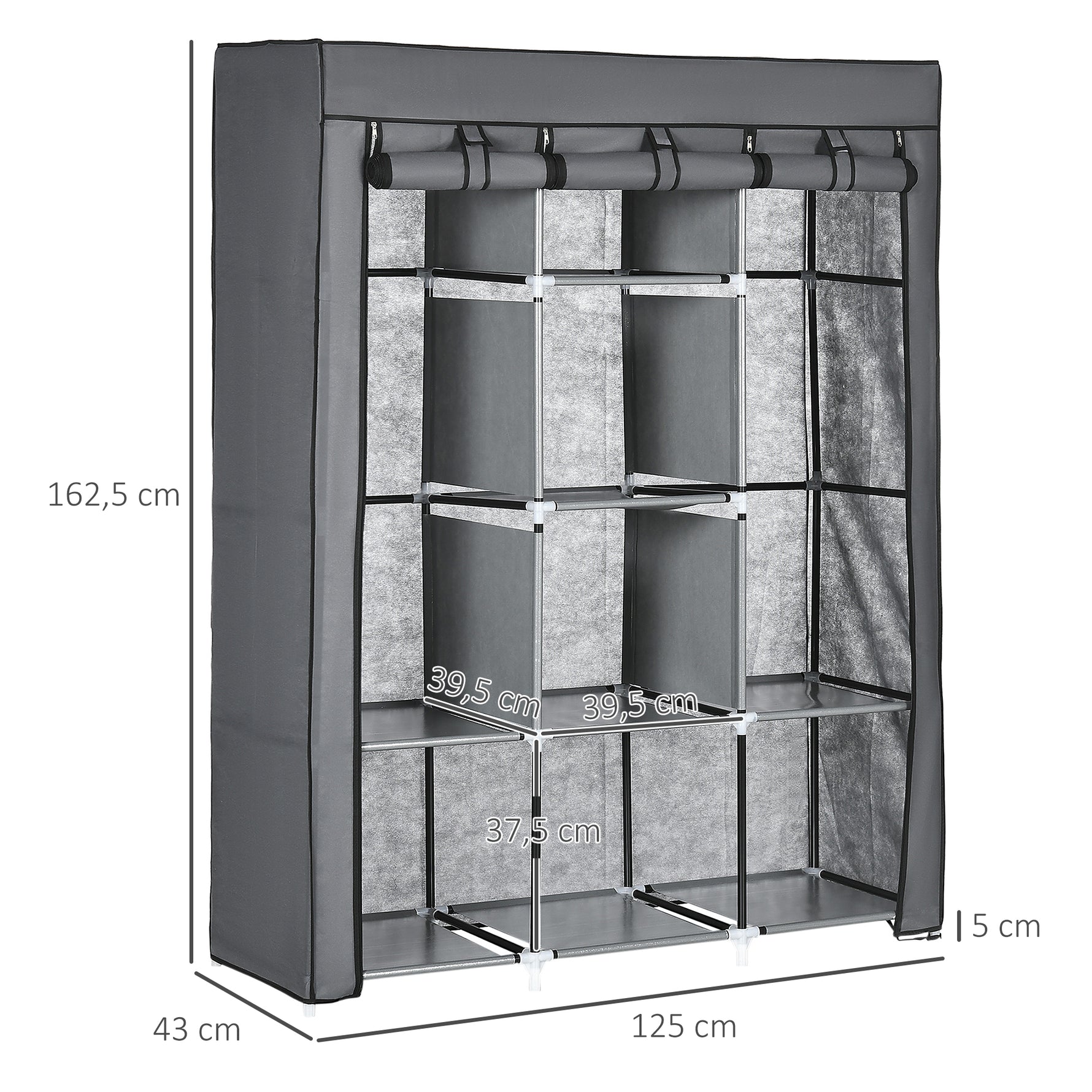 Armoire penderie multi-rangement - 8 étagères, 2 barres - non tissé gris