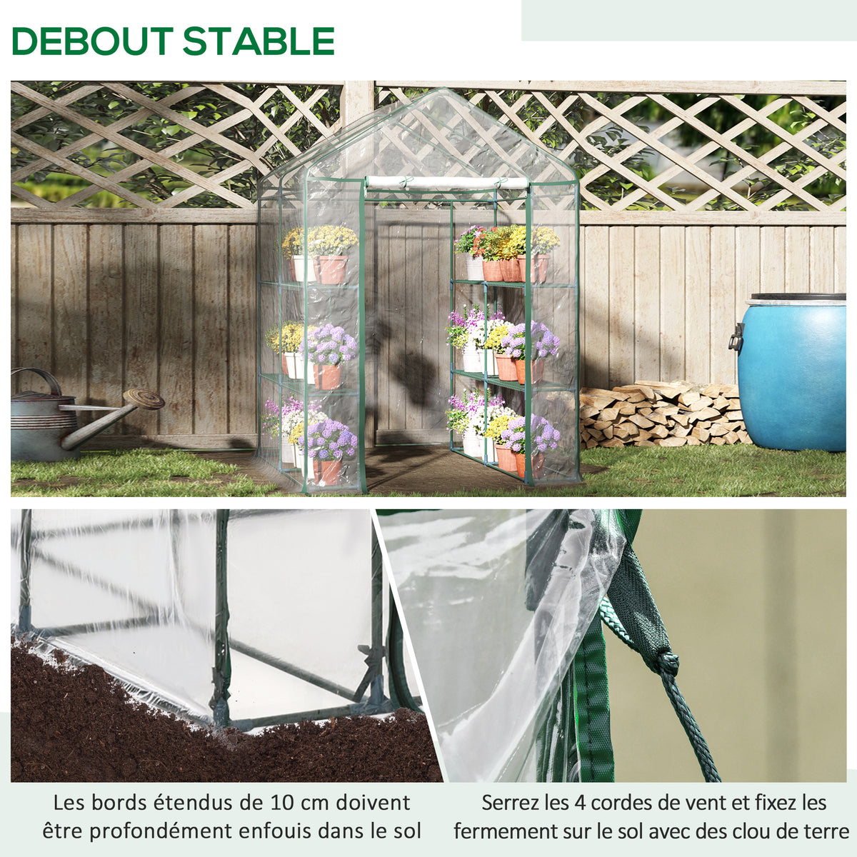 Serre de jardin avec étagères 3 niveaux, serre de balcon, châssis en acier, porte zippée enroulable, pour légumes plantes fleurs, intérieur et extérieur, 143x143x195cm, transparent