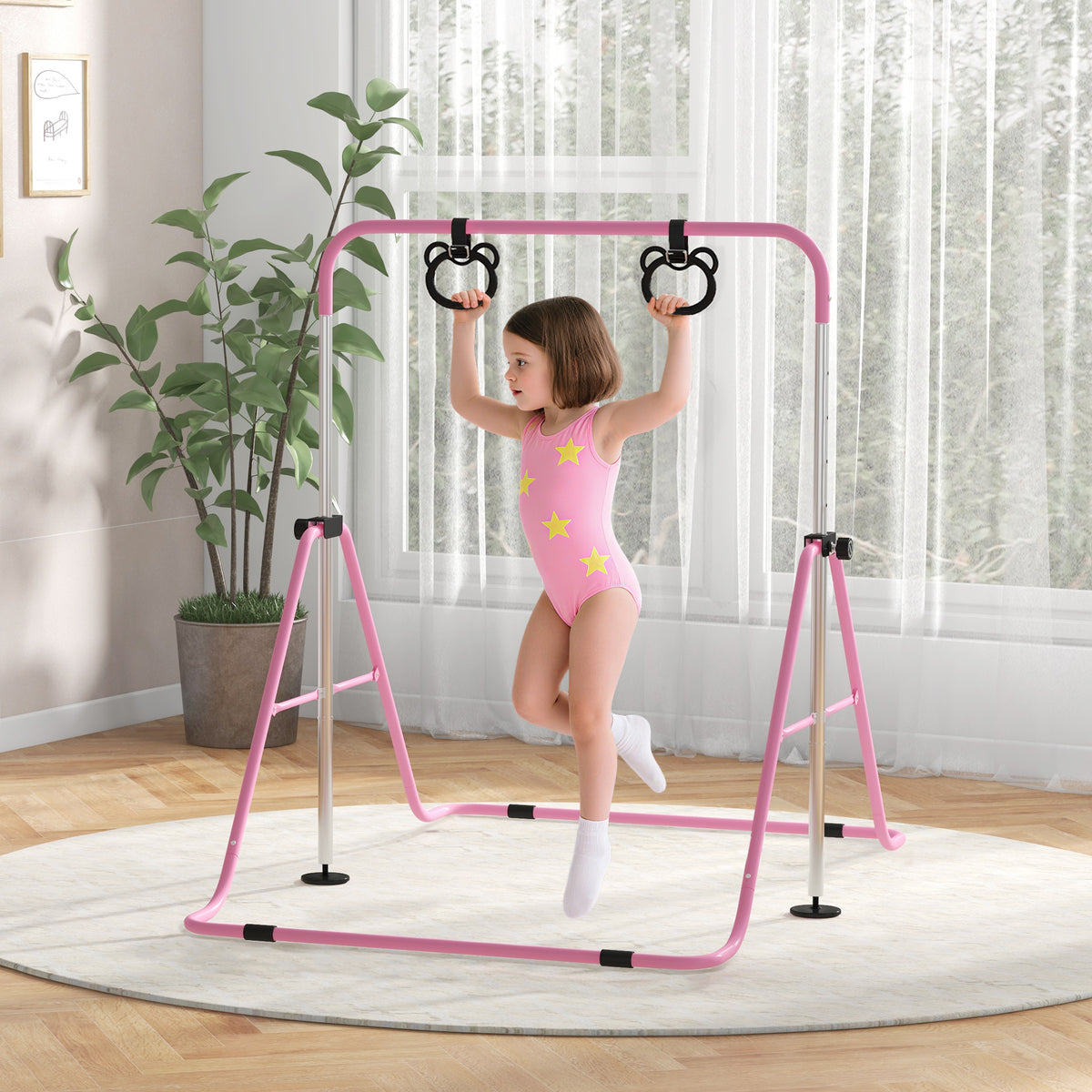 Barre de gymnastique pour enfants, barre horizontale pliable à hauteur réglable avec anneaux de gymnastique, rose