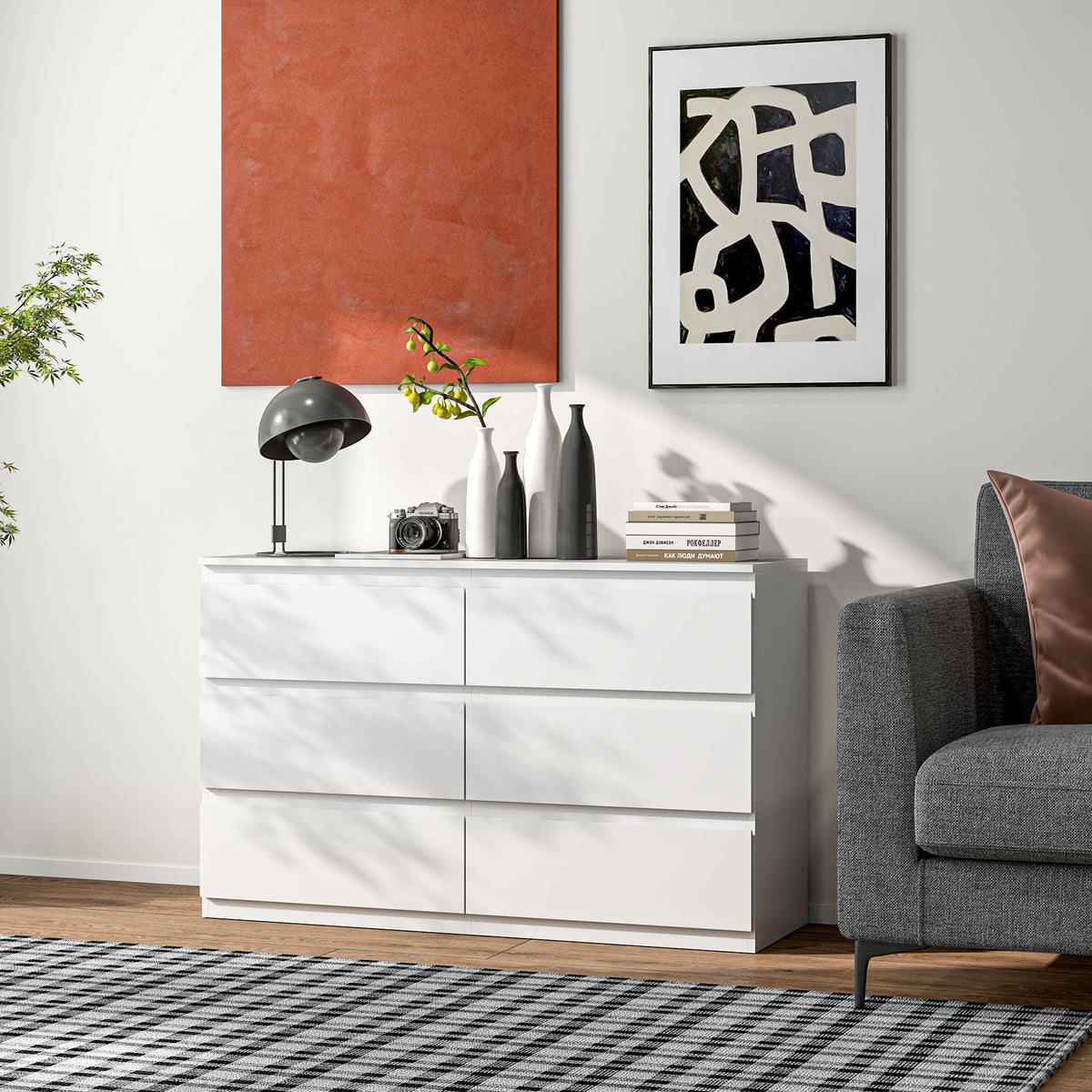 Commode 6 tiroirs meuble de rangement sans poignées design minimaliste 120 x 39 x 75 cm blanc
