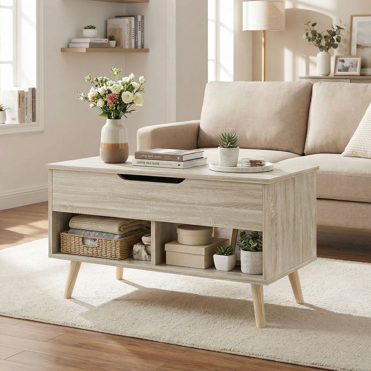 Mesa de centro elevable, mesa de salón con compartimento oculto y estantes abiertos, 75 x 40 x 58 cm, madera natural