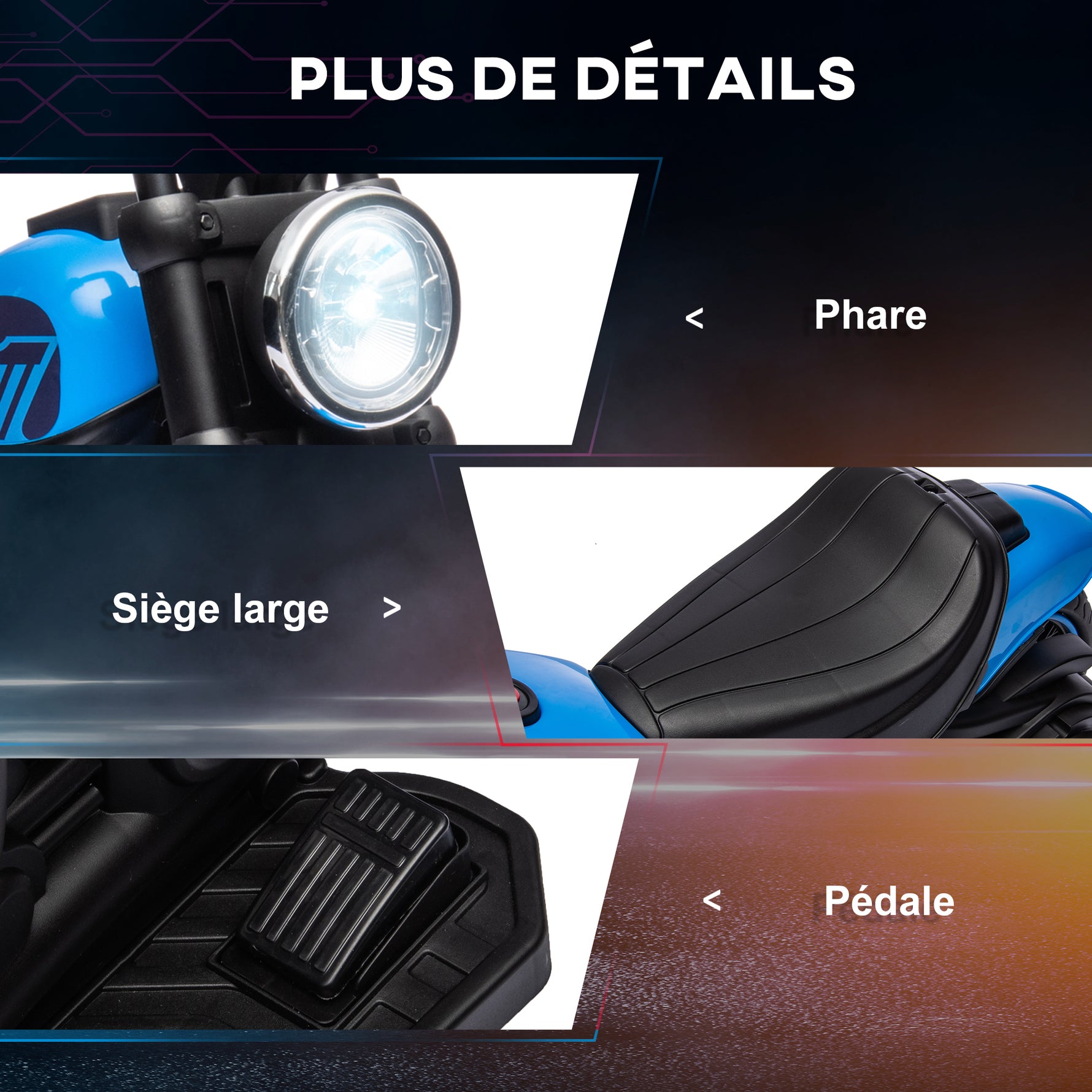 Moto électrique pour enfants 3 km/h 6V avec phare LED 2 roues d'entraînement de 18 à 36 mois avec moteur puissant bleu