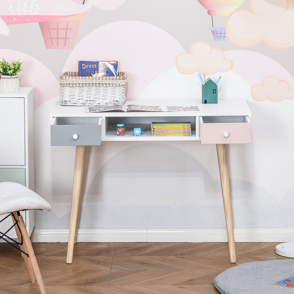 Eskandinaviar estiloko haurrentzako mahaia, tiradera eta biltegiratze-konpartimenduarekin, 100L x 48l x 76,5H cm, MDF eta pinua, zuria, grisa eta arrosa