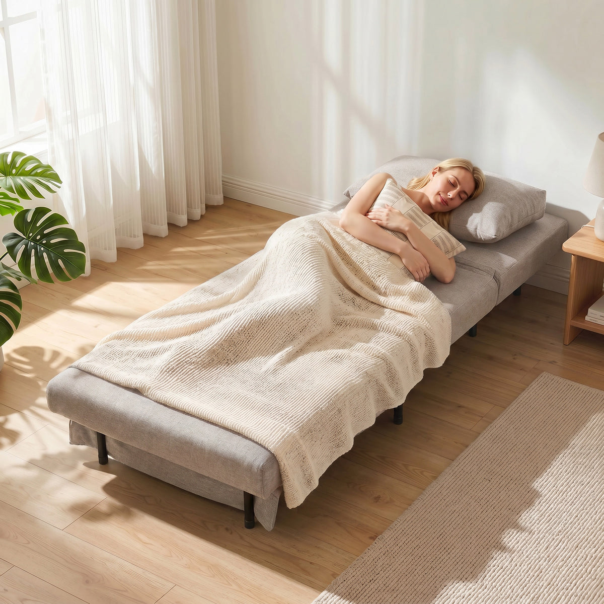 1-persoons slaapfauteuil, 3-in-1 slaapstoel met verstelbare rugleuning, kussen, brede zitting, lichtbruin