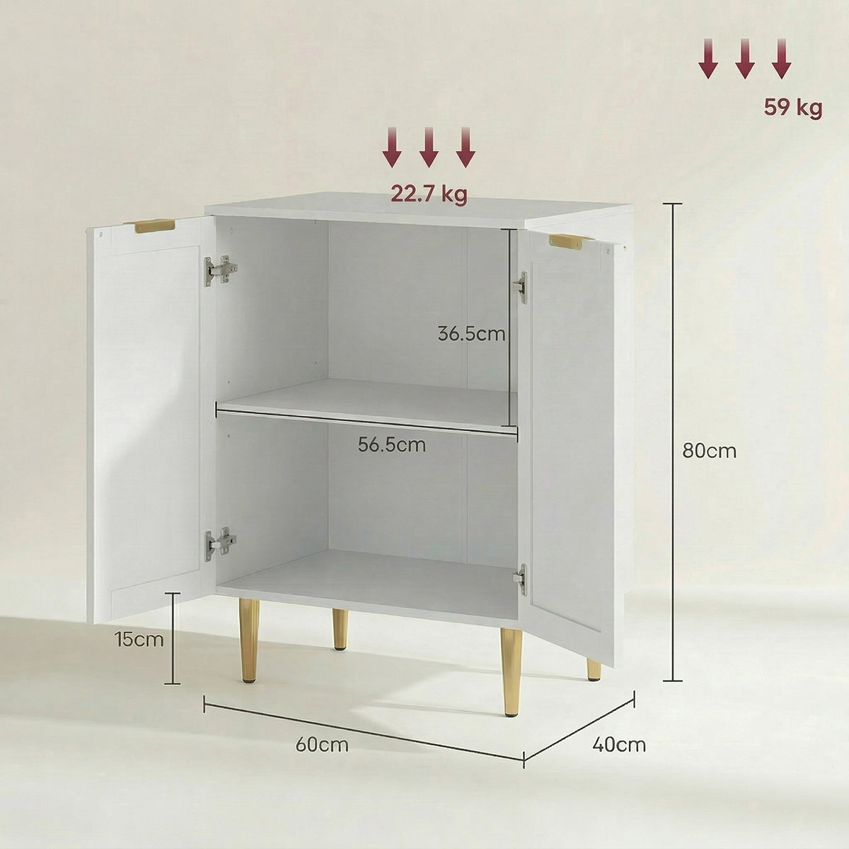 Buffet cuisine meuble de rangement avec 2 portes étagère réglable pieds métalliques surélevés 60 x 40 x 80 cm blanc