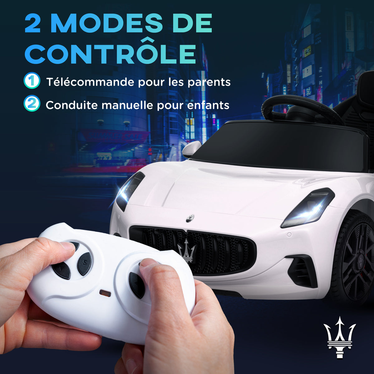Elektrische auto voor kinderen met Maserati Gran Turismo Folgore-licentie, 12V met afstandsbediening, van 3 tot 5 jaar, wit