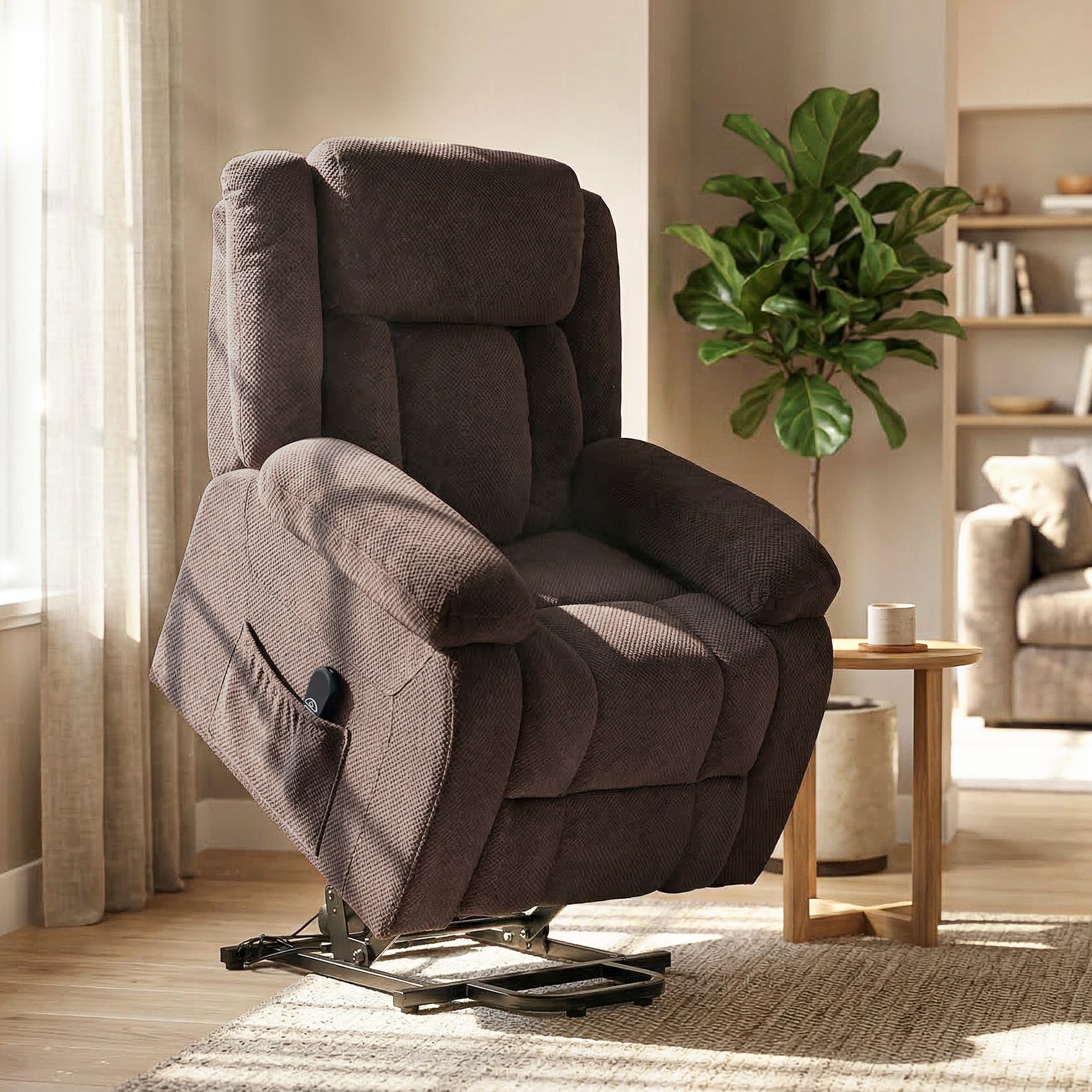 Fauteuil Releveur Électrique, Fauteuil Relax Électrique en Velours, Dossier Inclinable, Assise Large, Port USB, Marron