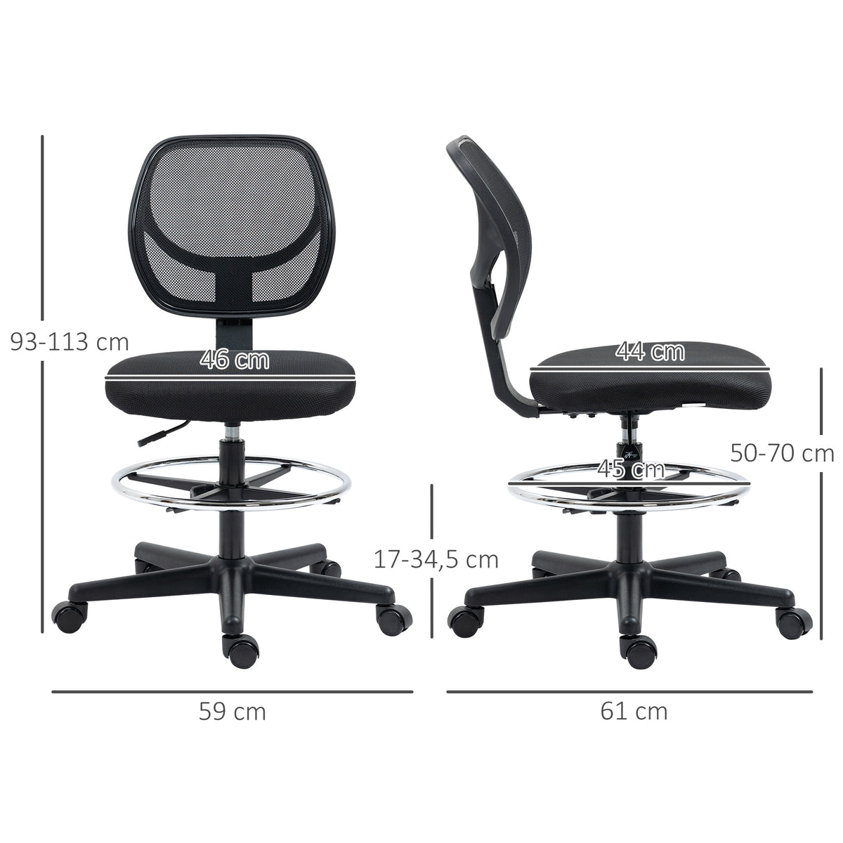 Chaise de bureau assise haute en maille hauteur réglable 50-70 cm avec repose-pied pivotant 360° noir