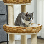 Arbre à chat arbre à grimper hauteur de 75,5 cm avec deux lits pour chat en rotin griffoirs coussins lavables beige