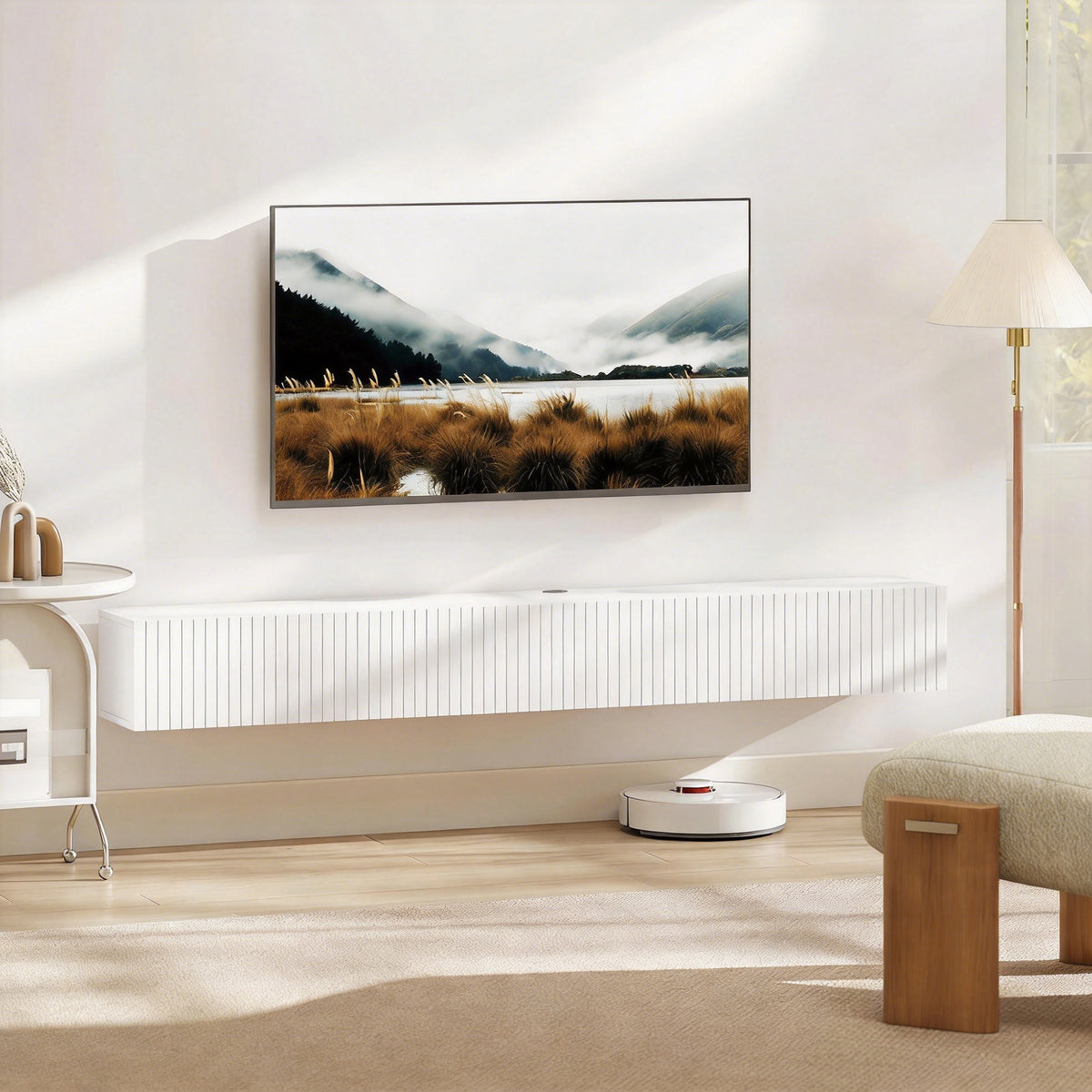 Meuble TV suspendu 180cm, meuble télé pour téléviseur 72 pouces, 2 portes rabattables, 180x25x22cm, blanc