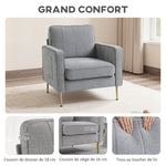 Fauteuil en tissu avec pieds en acier doré, grand confort, pochettes latérales, pour salon, bureau, chambre, gris
