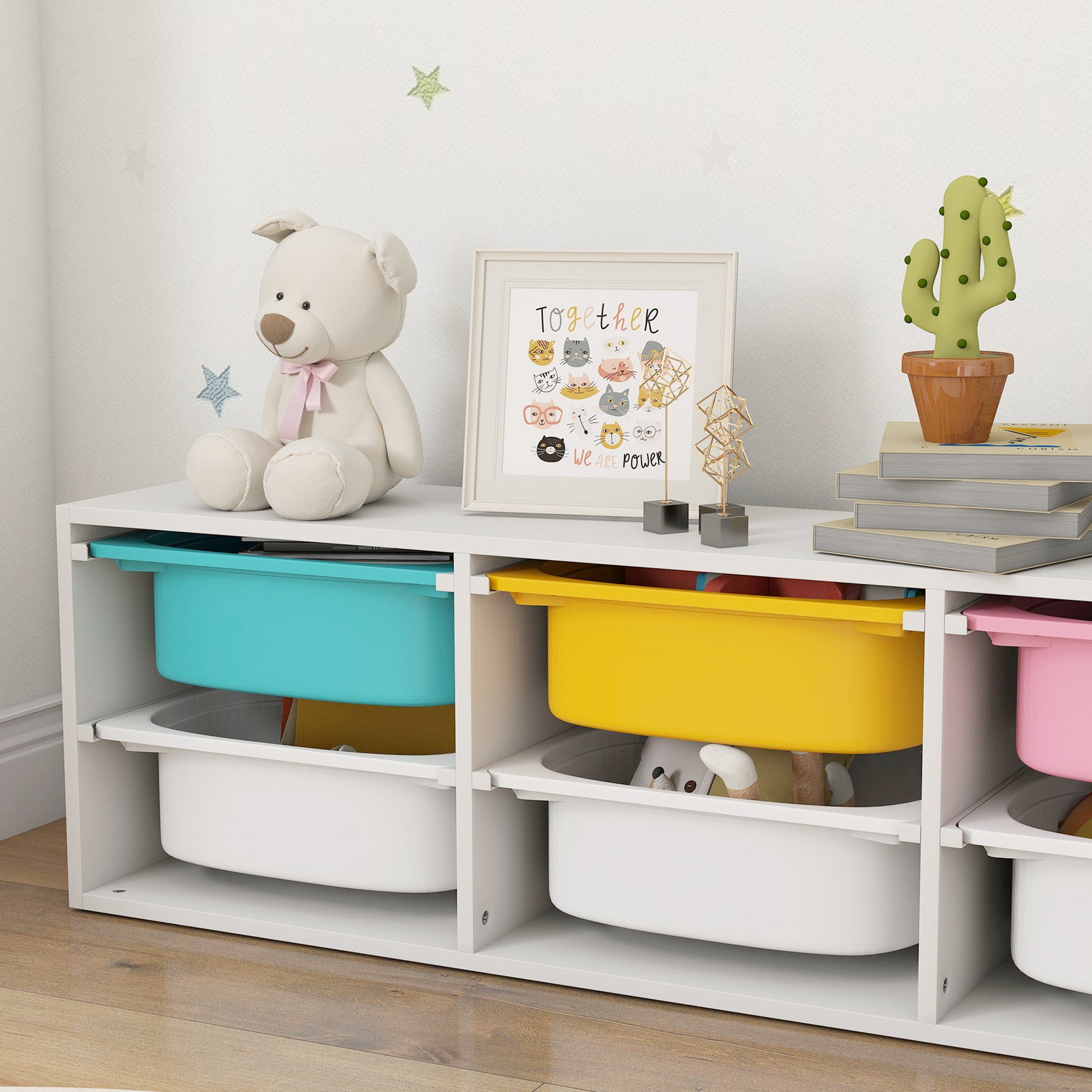 Meuble rangement enfant à 2 niveaux, étagère de rangement pour jouets enfants avec 6 bacs amovibles, 97x21x29cm, blanc