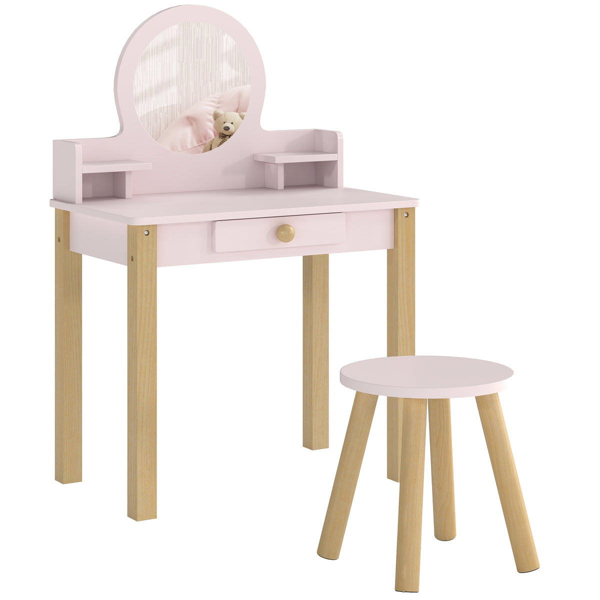 Toeletta per bambini in legno con specchio e sgabello, tavolo da trucco per bambini con cassetto e ripiano, da 3 a 6 anni, rosa