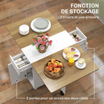 Table à manger pliable pour 6 personnes, table de cuisine sur roulettes avec 2 tiroirs 2 placards, 140x76x74cm, blanc