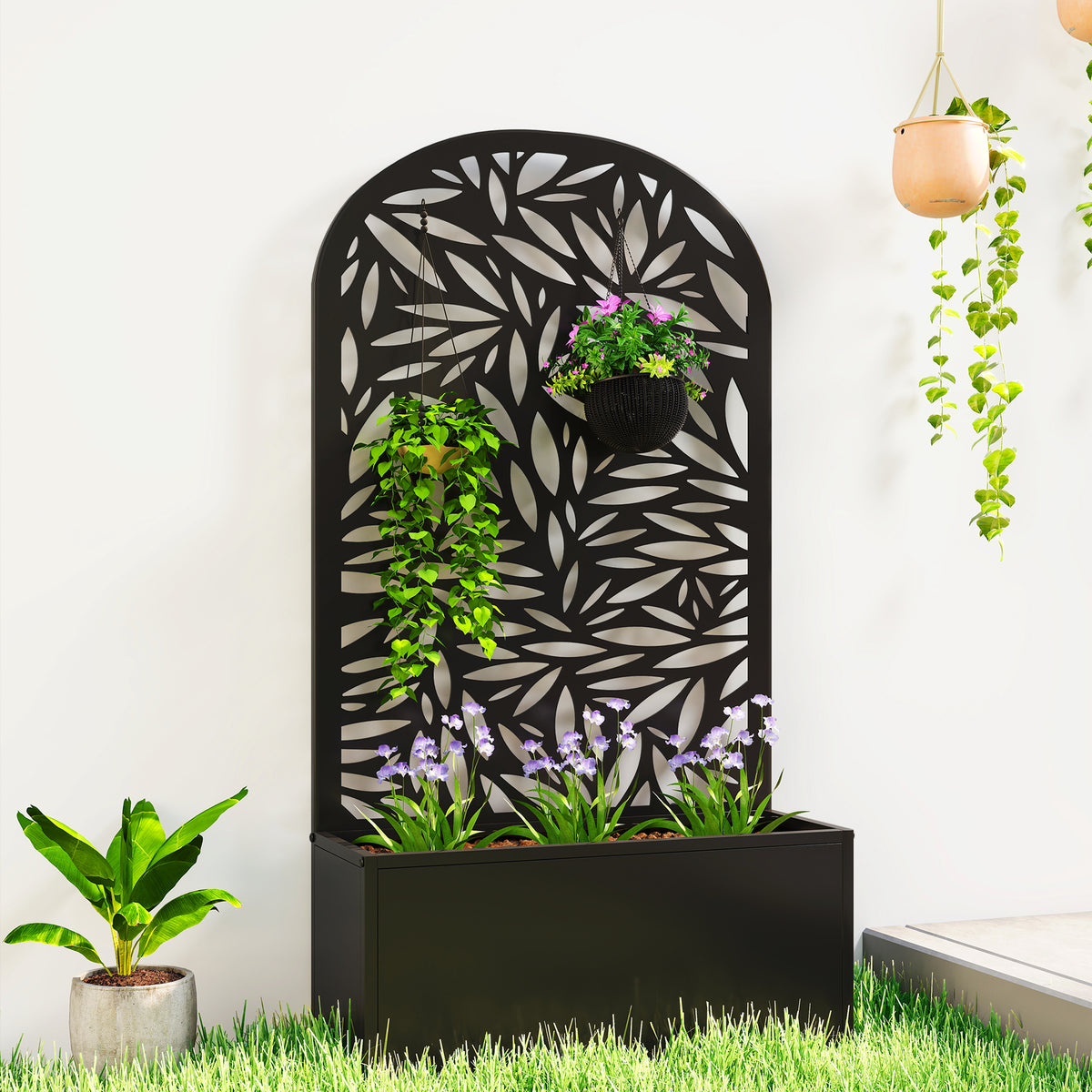 Jardinière avec treillis, bac à fleurs en métal, à fixer au mur ou au sol, 61x23x113cm, noir