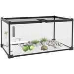 Aquarium pour Tortues avec Plateforme de Repos, Couvercle Coulissant en Filet, Thermomètre, 50x30x25cm, Blanc