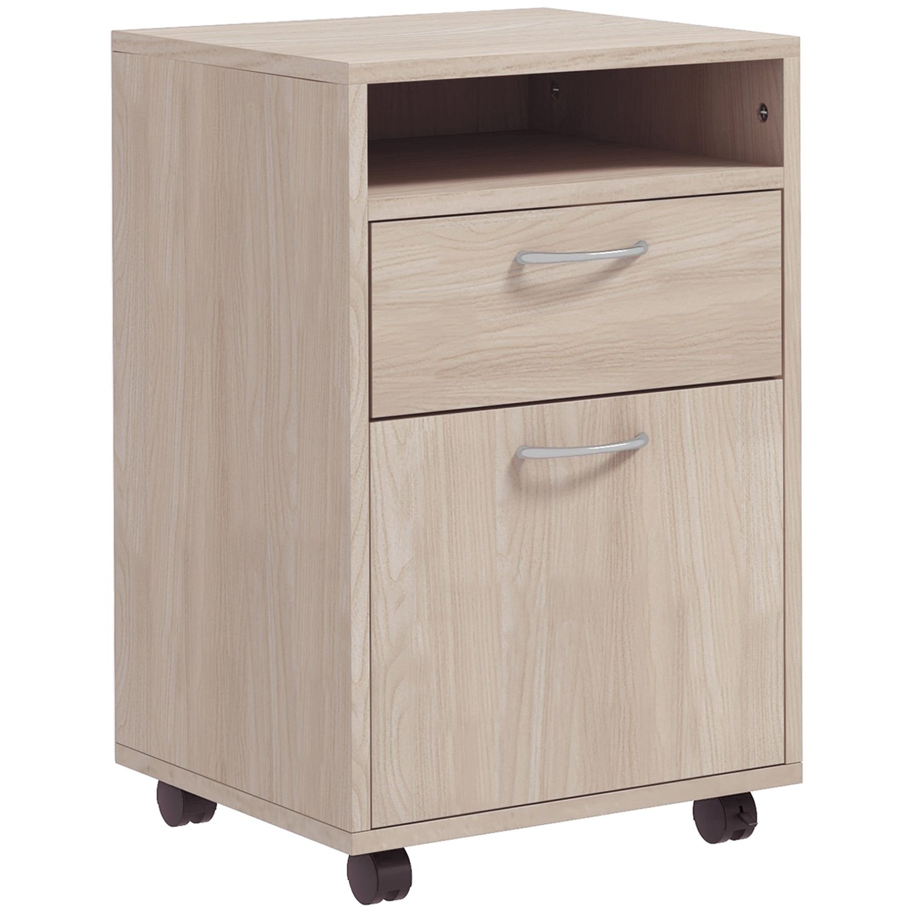Caisson de bureau à roulettes avec tiroir placard et niche pour documents et dossier suspendu 40 x 35 x 60 cm chêne