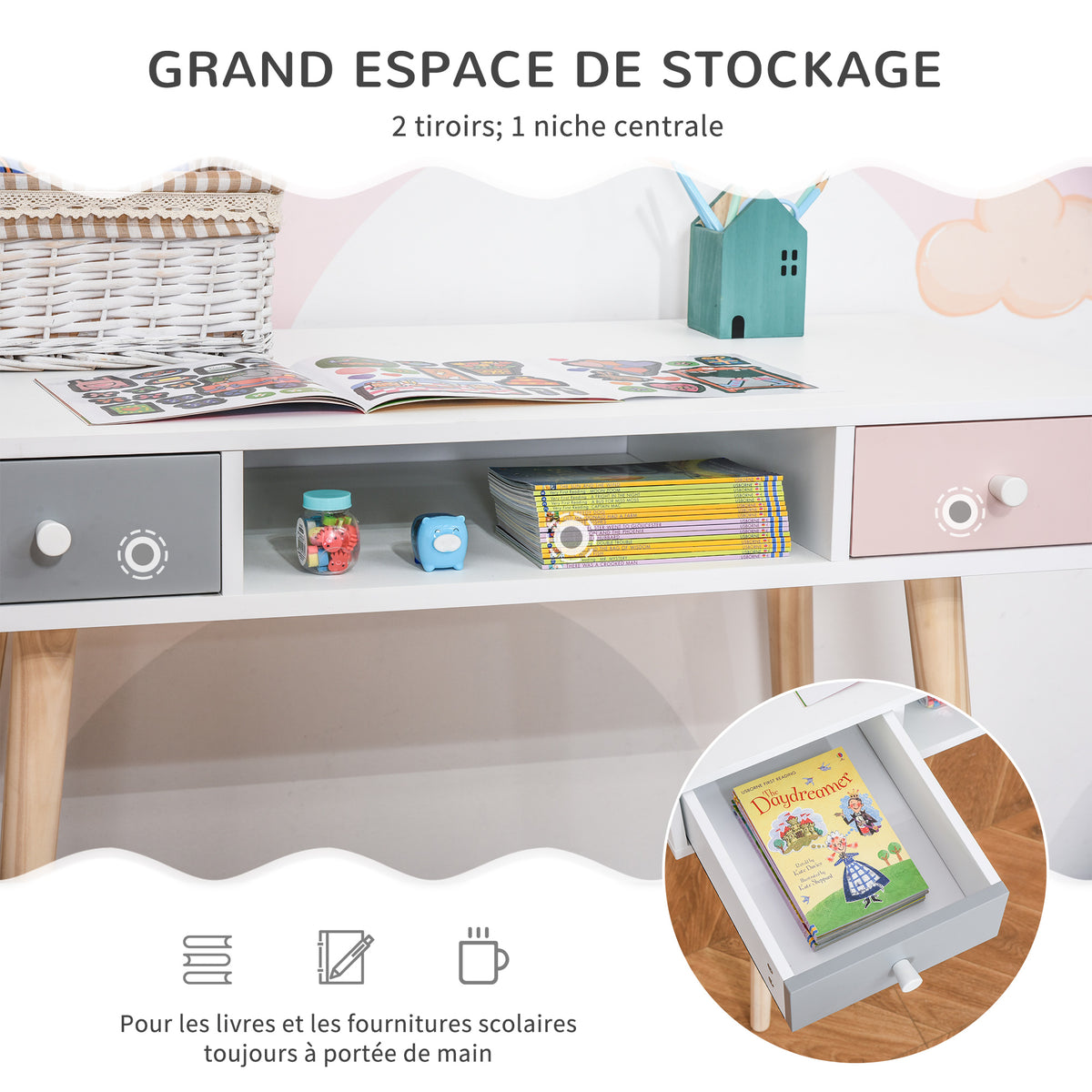 Eskandinaviar estiloko haurrentzako mahaia, tiradera eta biltegiratze-konpartimenduarekin, 100L x 48l x 76,5H cm, MDF eta pinua, zuria, grisa eta arrosa