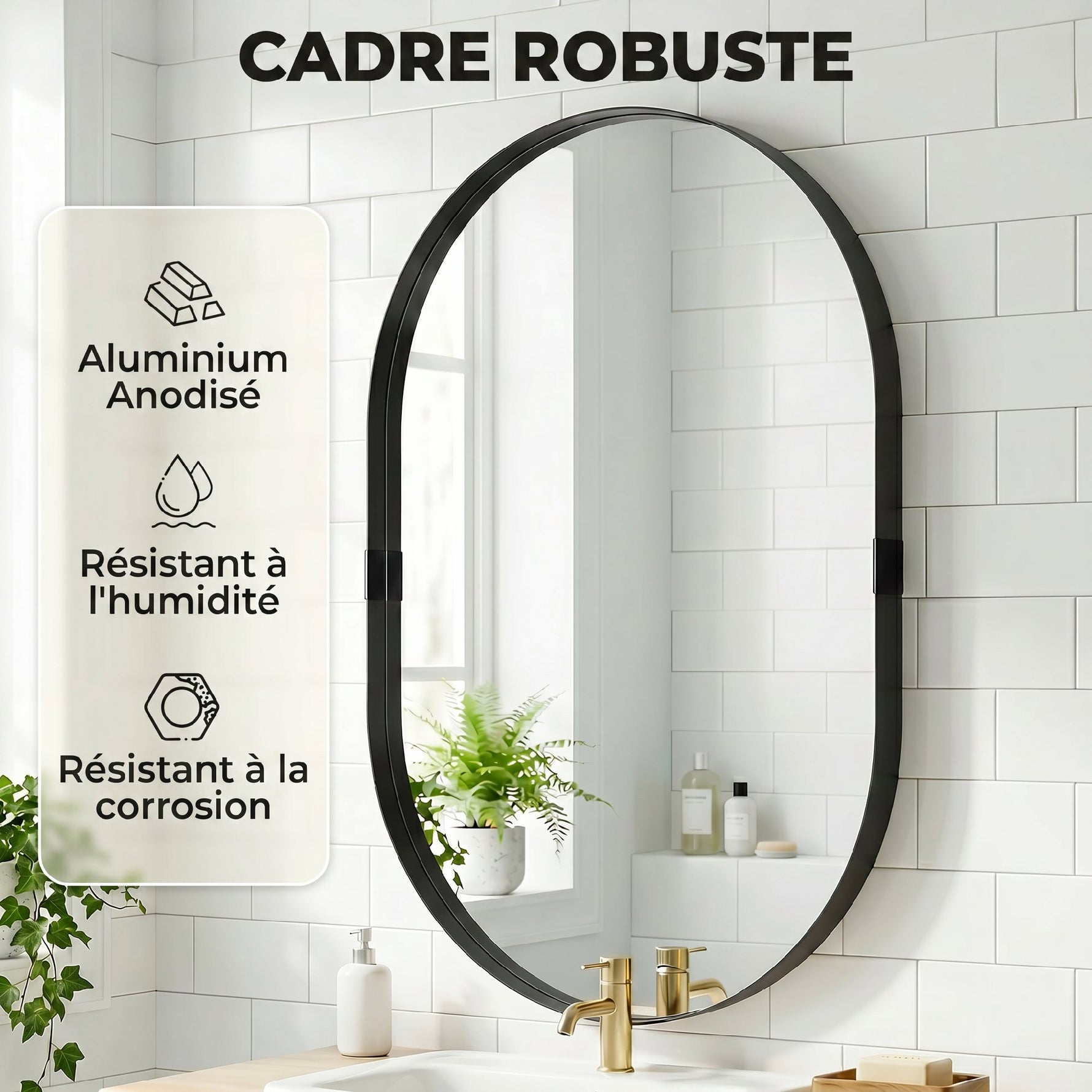 Miroir mural, miroir décoratif 60 x 90 cm en verre trempé et cadre en aluminium, pour chambre, salon, couloir, noir