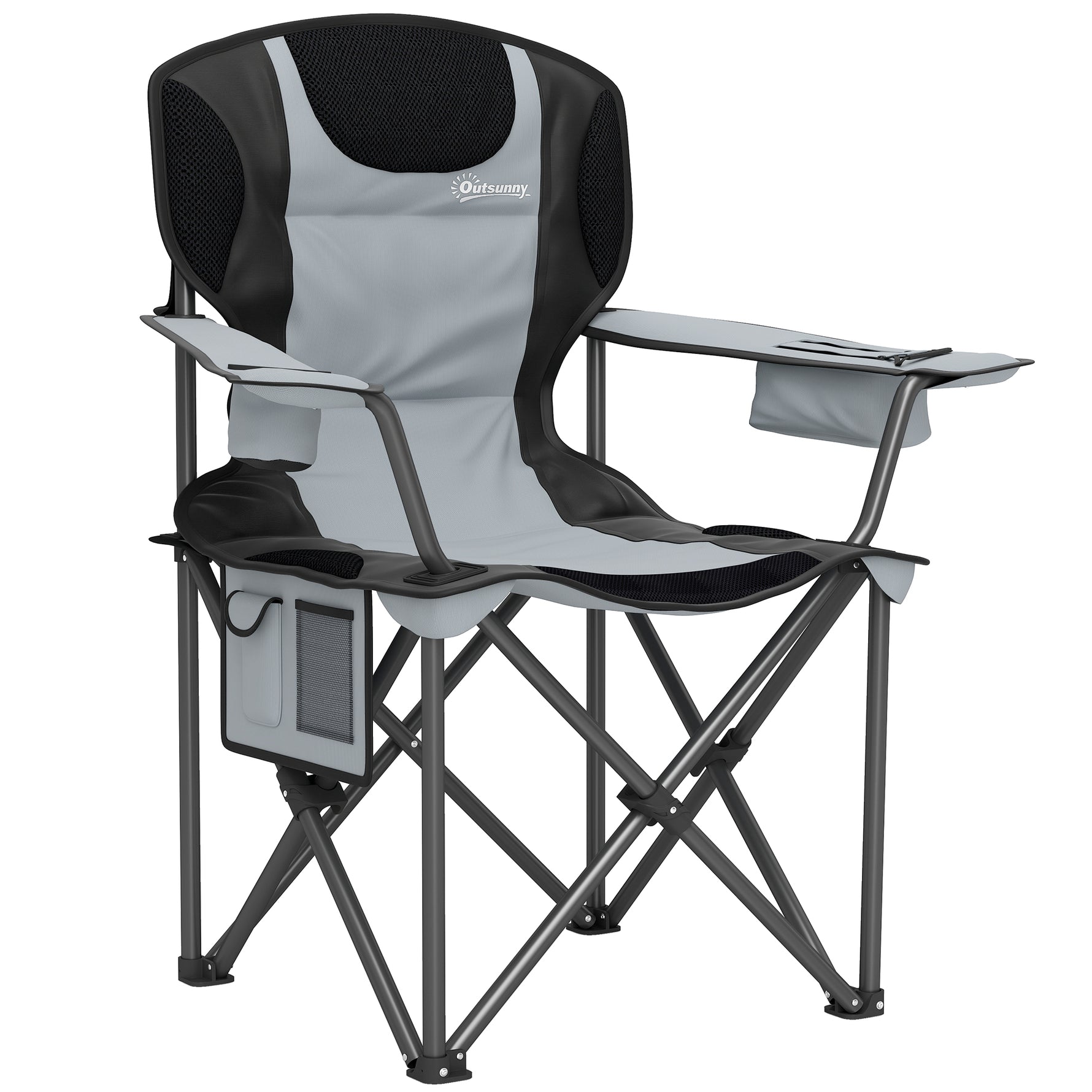 Chaise de camping pliante avec accoudoirs réglables, porte-gobelets, poches latérales et sac de refroidissement, noir