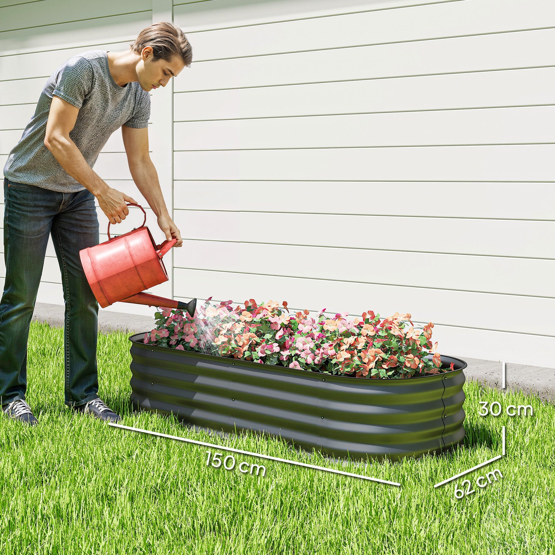 Jardinière surélevée carré potager de jardin en acier modulable légumes, plantes, fleurs, dim. 150 x 62 x 30 cm gris