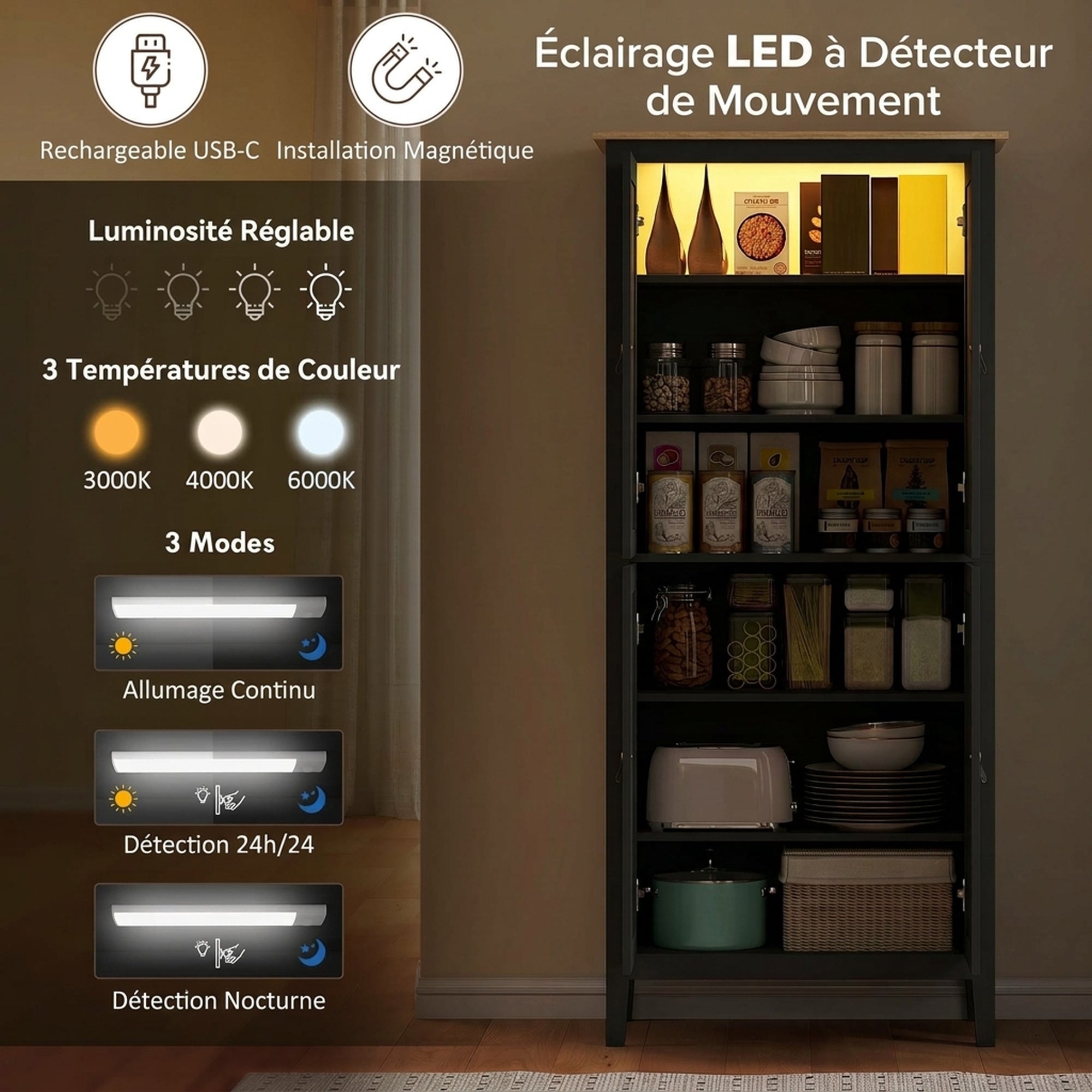 Aparador de cocina, mueble de cocina alto con LED ajustable y detector de movimiento, 80 x 40 x 176,5 cm, negro