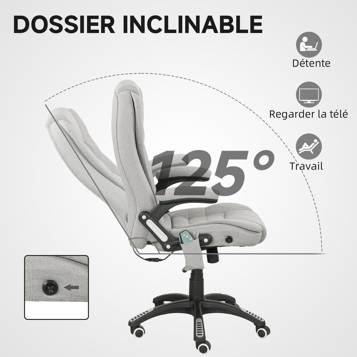 Fauteuil de bureau massant et chauffant chaise de bureau avec hauteur réglable dossier inclinable et télécommande gris