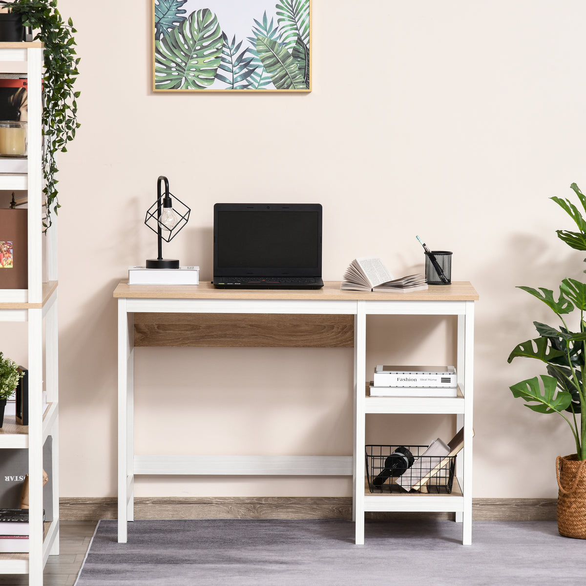 Multimedia-Computertisch, Maße 110L x 48B x 76H cm, 2 seitliche Ablagen, MDF E1, helle Eiche/Weiß