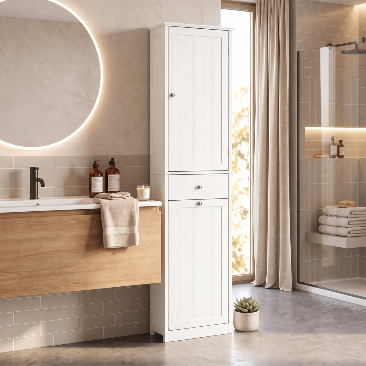 Badezimmerschrank mit Schublade, Wäschekorb, verstellbarem Regal, moderner Stil, 45 x 30 x 180 cm, Weiß