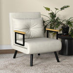 Fauteuil convertible 4 en 1 lit 1 place dossier 5 positions, accoudoirs en bois et coussin, tissu effet velours, crème