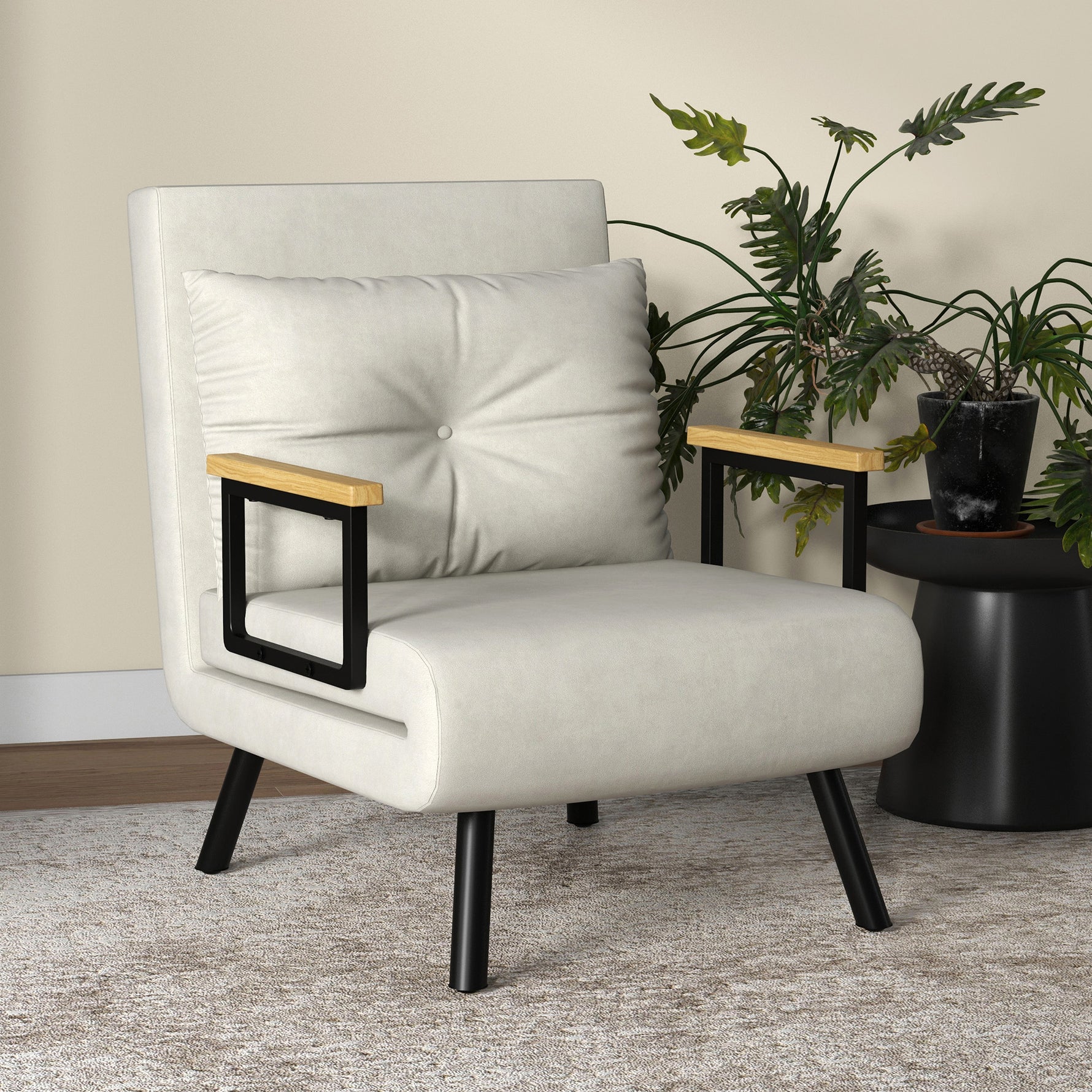 Fauteuil convertible 4 en 1 lit 1 place dossier 5 positions, accoudoirs en bois et coussin, tissu effet velours, crème