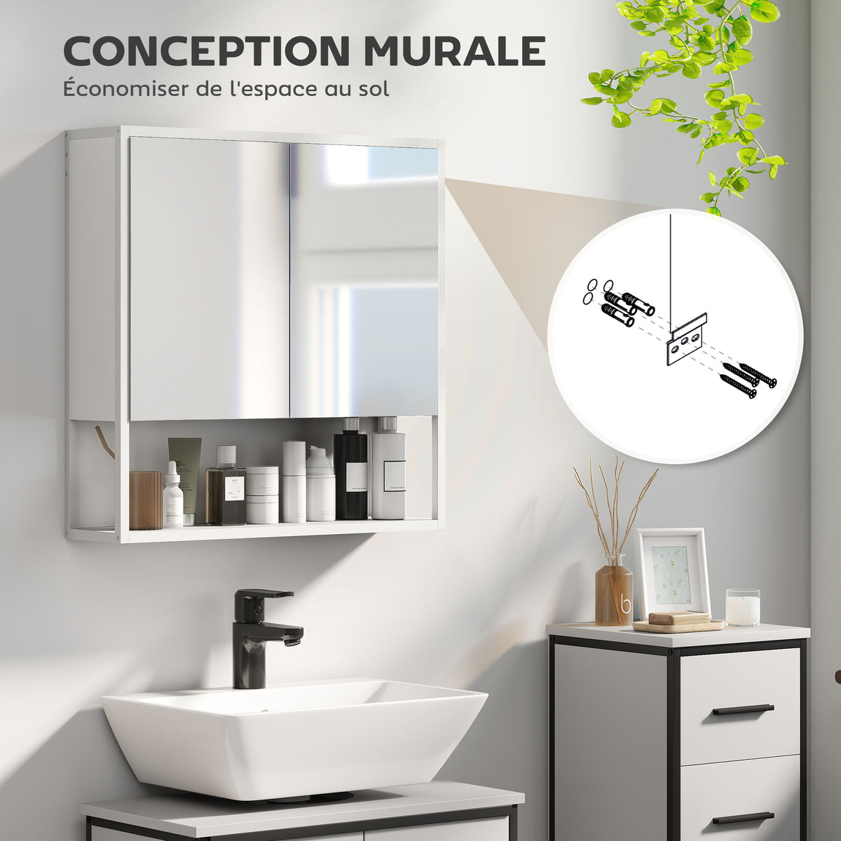 Armoire murale salle de bain avec miroir, meuble salle de bain, 2 portes miroir, étagère ouverte 60 x 16 x 60 cm blanc