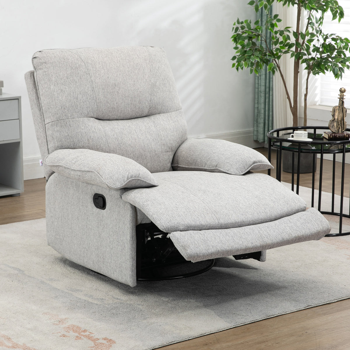 Sillón de relax reclinable manualmente con reposapiés ajustable, tejido efecto lino gris claro