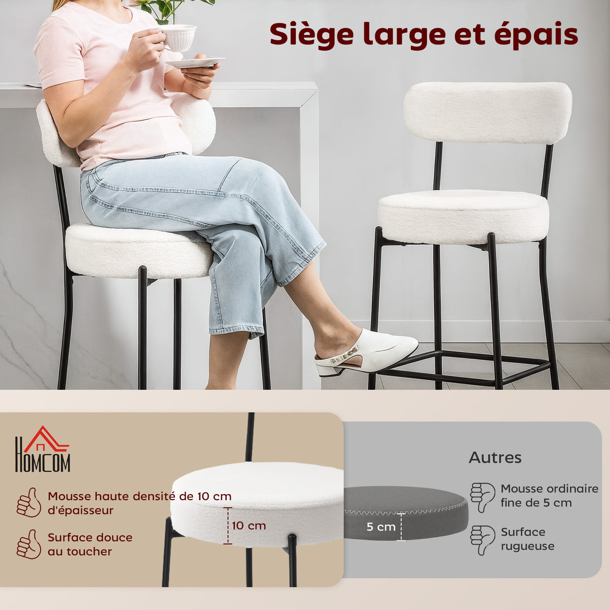 Lot de 2 tabourets de bar en tissu bouclette, chaises de bar avec dossier courbé, repose-pieds, 49x52x95cm, crème