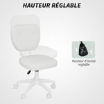 Chaise de bureau sans accoudoirs, fauteuil de bureau, hauteur réglable, pivotant 360°, 46 x 59 x 82-92 cm, blanc
