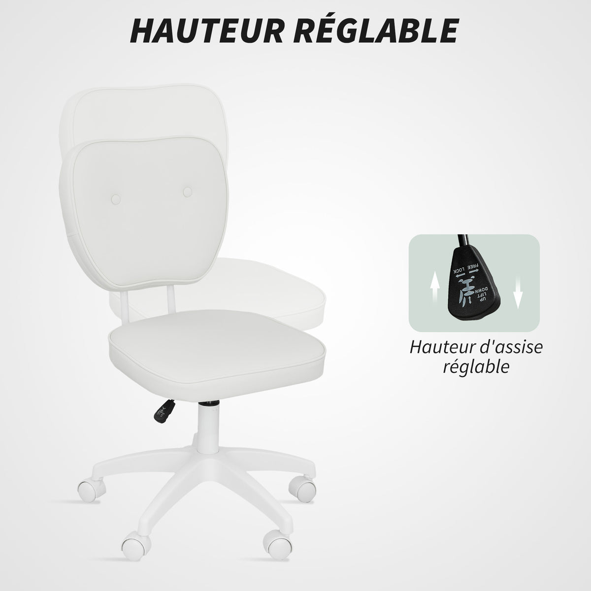 Chaise de bureau sans accoudoirs, fauteuil de bureau, hauteur réglable, pivotant 360°, 46 x 59 x 82-92 cm, blanc