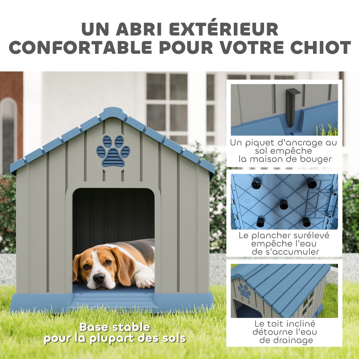 Caseta para perro de exterior casa perro exterior con rejillas de ventilación y suelo elevado 85 x 79 x 82 cm azul